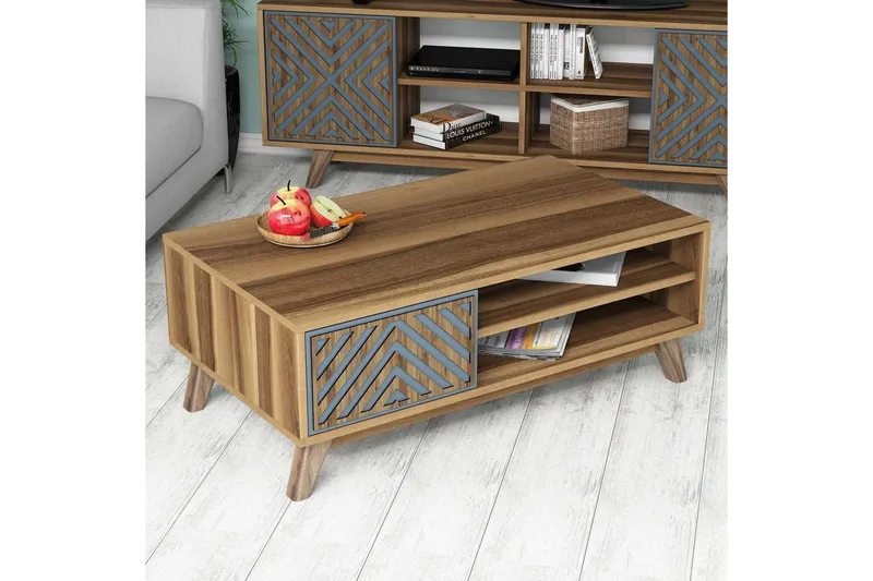 Hovdane Soffbord 105 cm med Förvaring 2 Hyllor Linjer + Skåp - Blå/Brun - Möbler - Bord & matgrupp - Soffbord - Soffbord med förvaring