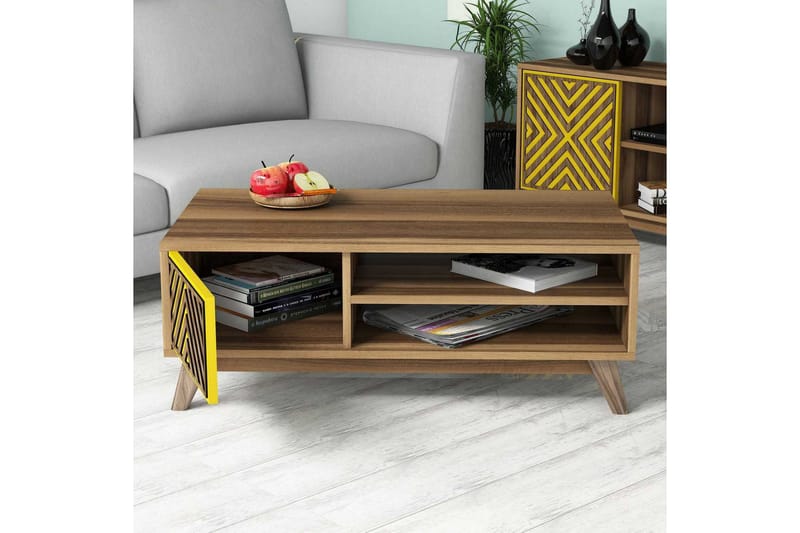 Hovdane Soffbord 105 cm med Förvaring 2 Hyllor Linjer + Skåp - Brun/Gul - Möbler - Bord & matgrupp - Soffbord - Soffbord med förvaring