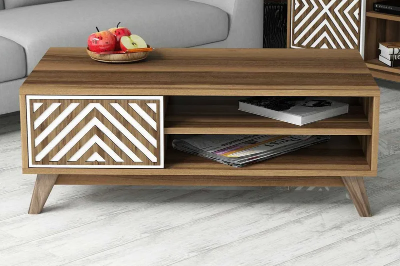 Hovdane Soffbord 105 cm med Förvaring 2 Hyllor Linjer + Skåp, Vit/Brun