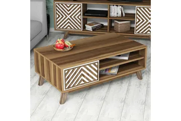 Hovdane Soffbord 105 cm med Förvaring 2 Hyllor Linjer + Skåp - Vit/Brun - Möbler - Bord & matgrupp - Soffbord - Soffbord med förvaring