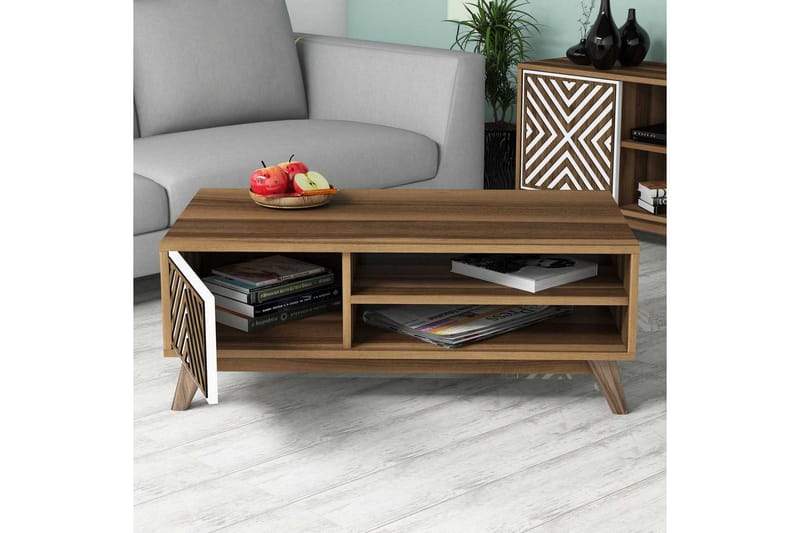 Hovdane Soffbord 105 cm med Förvaring 2 Hyllor Linjer + Skåp - Vit/Brun - Möbler - Bord & matgrupp - Soffbord