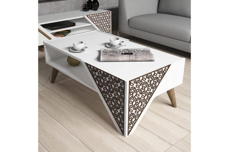Hovdane Soffbord 105 cm med Förvaring Hylla Blommönster - Vit/Brun - Möbler - Bord & matgrupp - Soffbord - Soffbord med förvaring