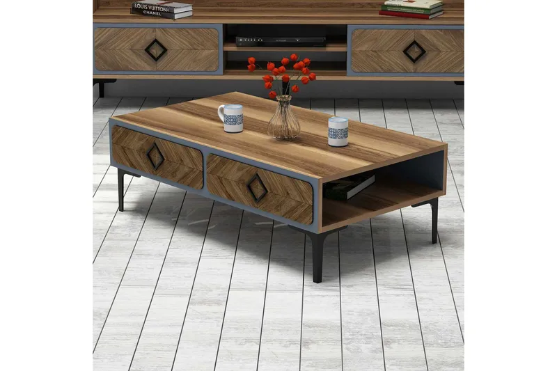 Hovdane Soffbord 105 cm med Förvaring Hylla Fiskbensmönster - Brun/Blå - Möbler - Bord & matgrupp - Soffbord - Soffbord med förvaring