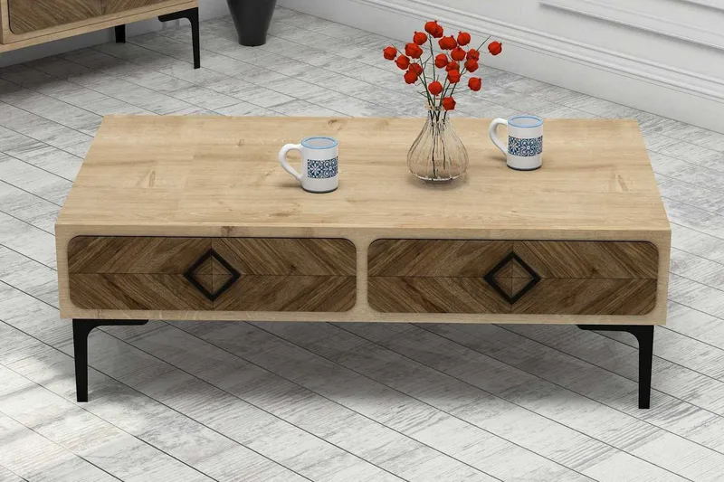 Hovdane Soffbord 105 cm med Förvaring Hylla Fiskbensmönster, Ljusbrun