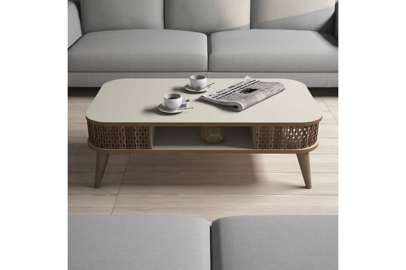 Hovdane Soffbord 105 cm med Förvaring Hylla Runda Hörn - Vit/Brun/Ek - Möbler - Bord & matgrupp - Soffbord - Soffbord med förvaring