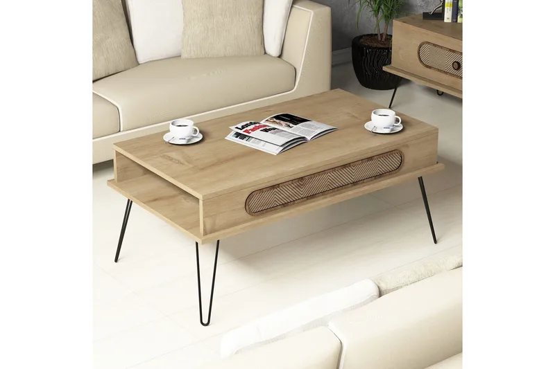 Hovdane Soffbord 105 cm med Förvaring Hylla Triangelmönster - Ljusbrun - Möbler - Bord & matgrupp - Soffbord