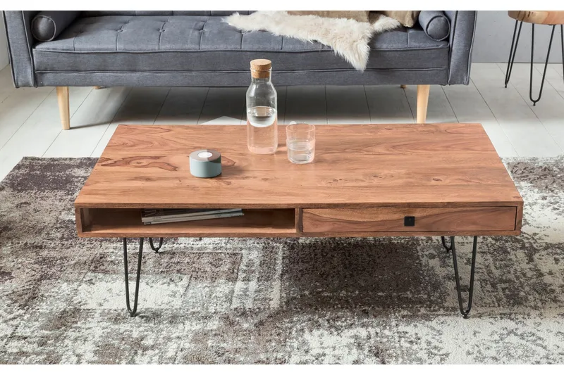 Langner Soffbord 60 cm med Förvaring 2 Lådor + Hyllor - Akacia/Svart - Möbler - Bord & matgrupp - Soffbord - Soffbord med förvaring