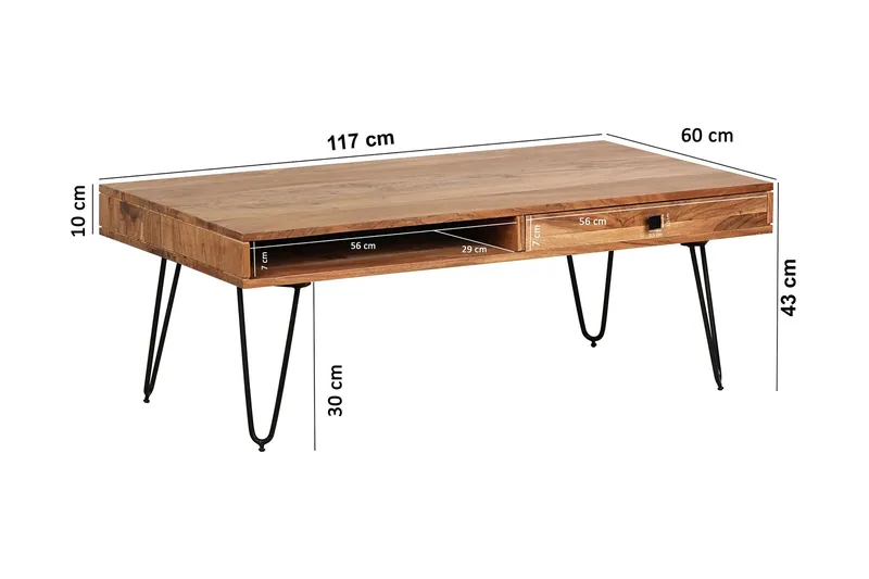 Langner Soffbord 60 cm med Förvaring 2 Lådor + Hyllor - Akacia/Svart - Möbler - Bord & matgrupp - Soffbord - Soffbord med förvaring