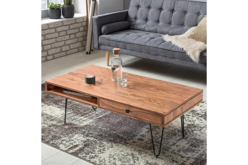 Langner Soffbord 60 cm med Förvaring 2 Lådor + Hyllor - Akacia/Svart - Möbler - Bord & matgrupp - Soffbord - Soffbord med förvaring