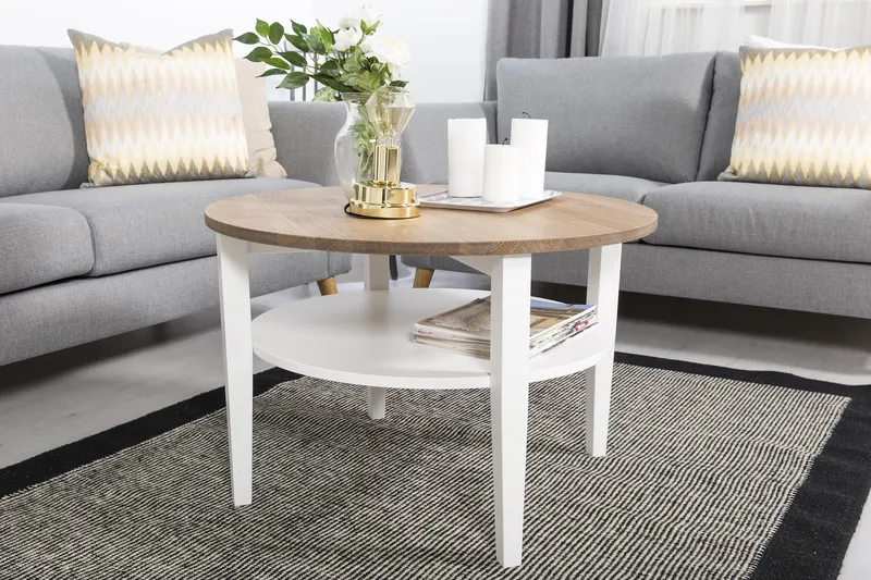 Mantorp Soffbord 80 cm Runt med Förvaring Hylla - Massiv Ek/Vit - Möbler - Bord & matgrupp - Soffbord