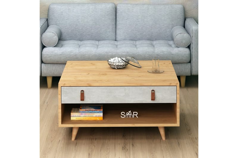 Mod Design Soffbord 80 cm med Förvaring Låda + Hylla Läderbe - Grå/Trä - Möbler - Bord & matgrupp - Soffbord - Soffbord med förvaring