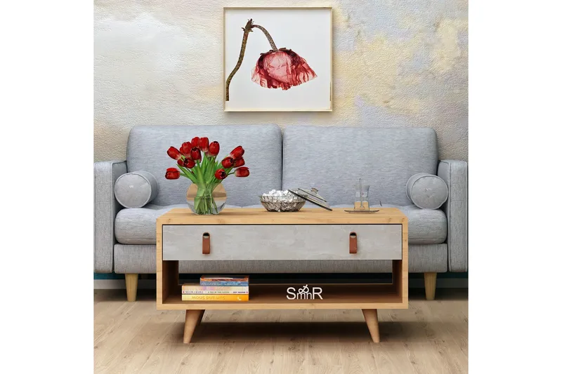 Mod Design Soffbord 80 cm med Förvaring Låda + Hylla Läderbe - Grå/Trä - Möbler - Bord & matgrupp - Soffbord - Soffbord med förvaring