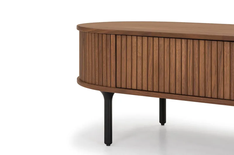 Noira Ovalt Soffbord Valnöt 118x60 cm med förvaring låda - Brun / Mörkbrunt Trä / Ribbad - Möbler - Bord & matgrupp - Soffbord