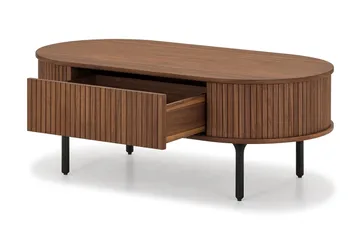 Noira Ovalt Soffbord Valnöt 118x60 cm med förvaring låda - Brun / Mörkbrunt Trä / Ribbad - Möbler - Bord & matgrupp - Soffbord