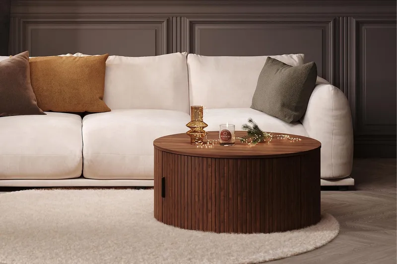 Noira Runt Soffbord 80 cm med Förvaring Låda - Valnöt / Bunt Trä - Möbler - Bord & matgrupp - Soffbord