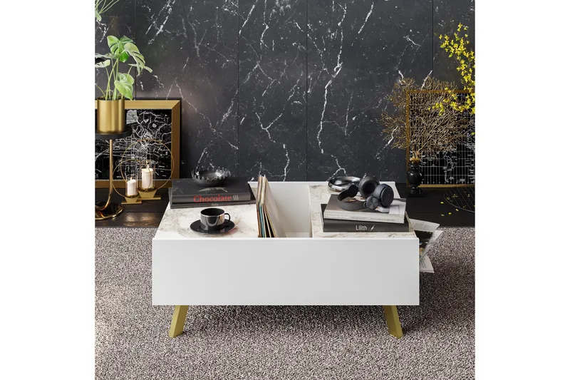 Ocotla Soffbord 90 cm med Förvaring Marmormönster - Vit/Mörkbrun - Möbler - Bord & matgrupp - Soffbord