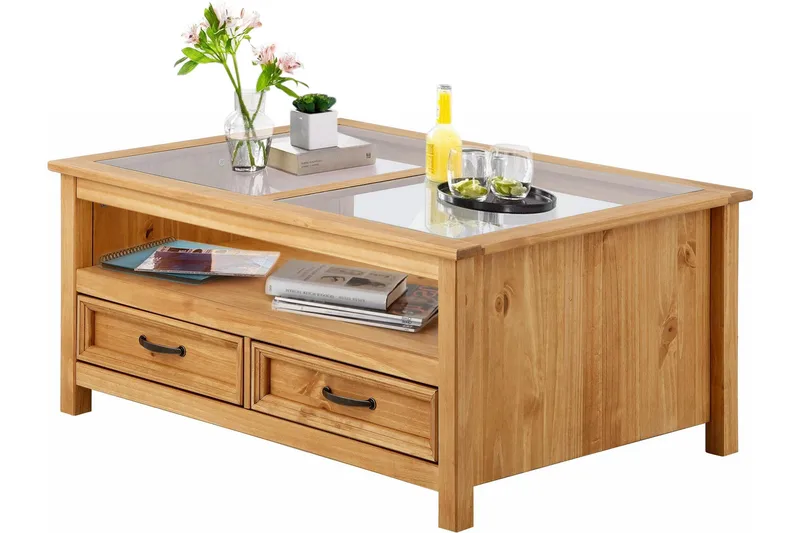 Purnima Soffbord 100 cm med Förvaring 2 Lådor + Hylla - Glas/Brun - Möbler - Bord & matgrupp - Soffbord