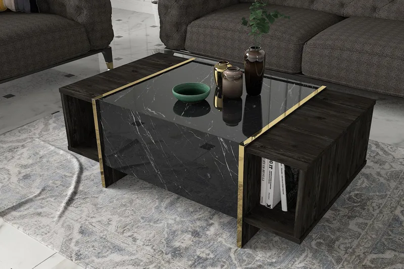 Riello Soffbord 104 cm med Förvaring Hyllor + Lucka - Svart/Guld - Möbler - Bord & matgrupp - Soffbord