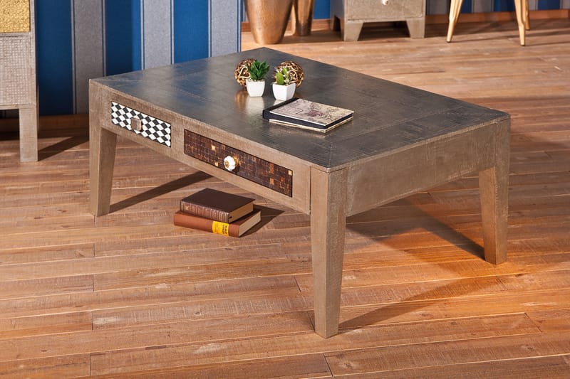 Soffbord Alexus 110 cm med Förvaring Lådor - Mangoträ/Ljusgrå - Soffbord med förvaring - Soffbord