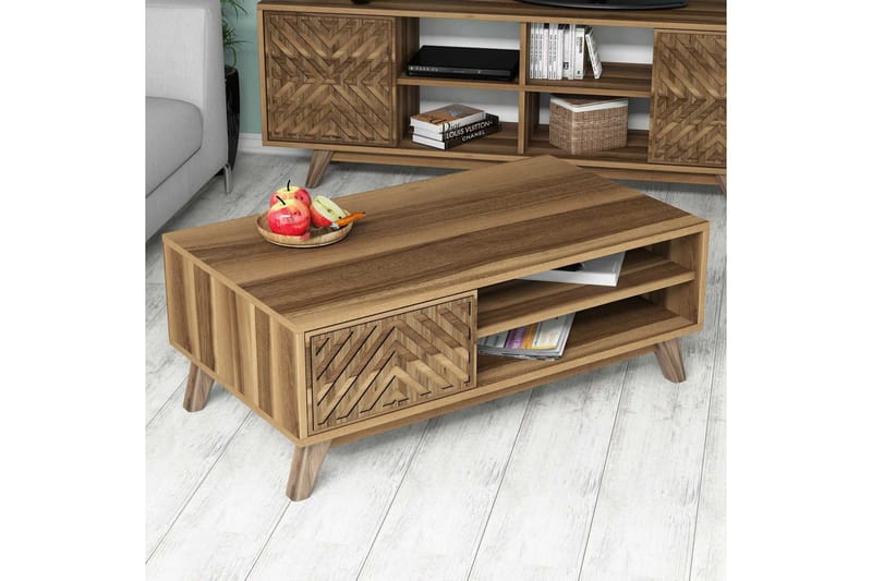 Soffbord Amtorp 105 cm med Förvaring 2 Hyllor Linjer + Skåp - Brun - Möbler - Bord & matgrupp - Soffbord