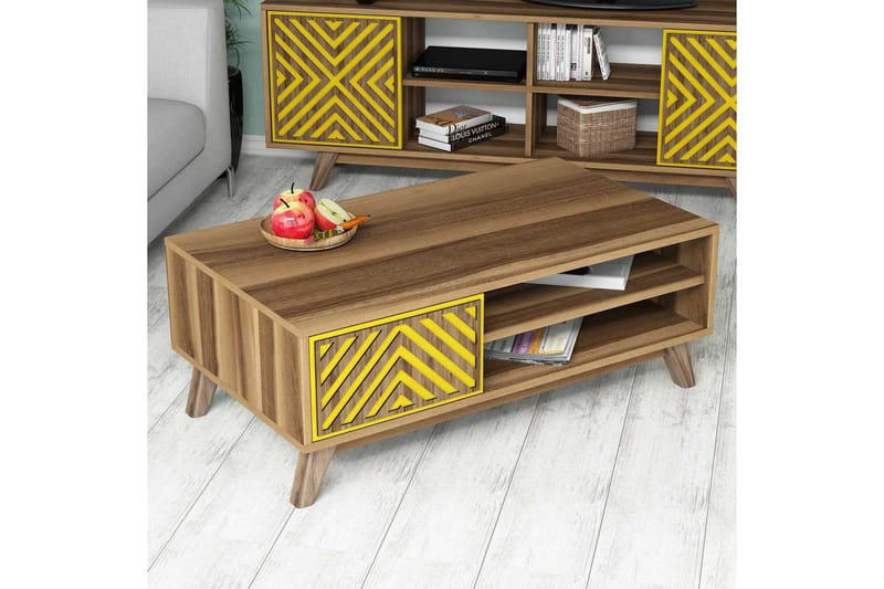 Soffbord Amtorp 105 cm med Förvaring 2 Hyllor Linjer + Skåp - Brun/Gul - Möbler - Bord & matgrupp - Soffbord