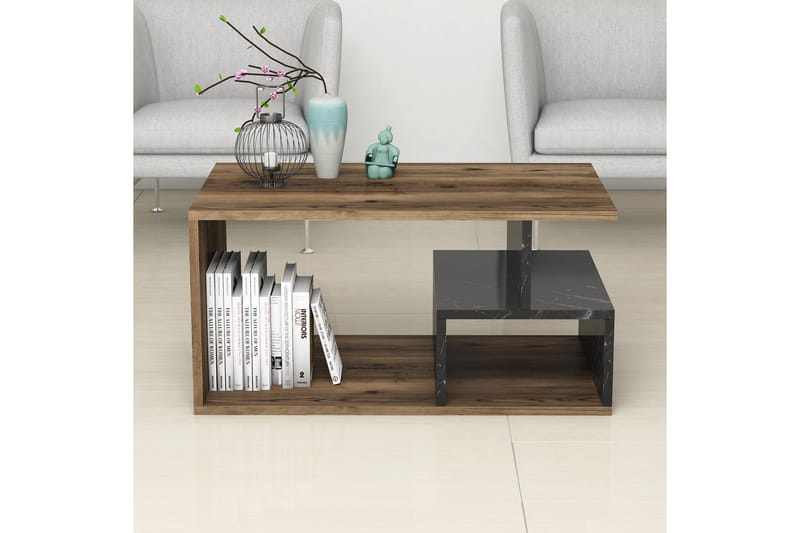 Soffbord Arteide 90 cm med Förvaring Hyllor  Marmormönster - Mörkbrun/Natur/Svart - Möbler - Bord & matgrupp - Soffbord
