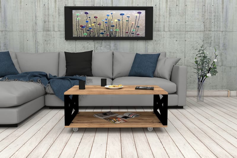 Soffbord Berkane 98 cm med Förvaring Hylla på Hjul - Natur/Svart - Soffbord
