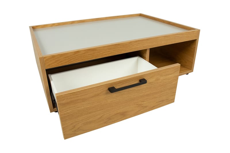 Soffbord Blockie 98 cm med Förvaring Lådor + Hyllor - Ekfärg/Grå - Soffbord
