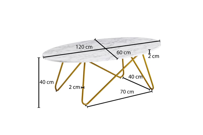 Soffbord Clanton 120 cm Ovalt - Vit/Guld - Marmorbord - Soffbord