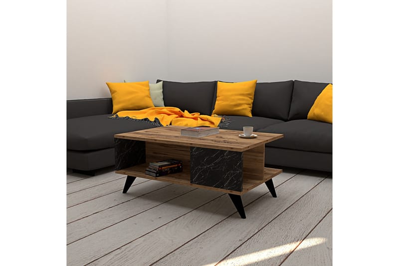 Soffbord Dzelda 90 cm med Förvaring Hylla Marmormönster - Valnötsbrun/Svart - Soffbord
