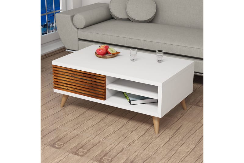 Soffbord Fatimah 100 cm med Förvaring Hylla + Skåp - Valnötsbrun/Vit - Soffbord