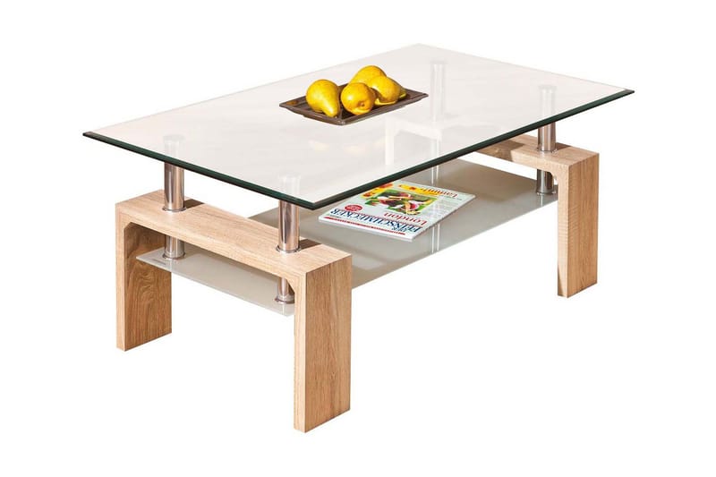 Soffbord Gantu 100 cm med Förvaring Hylla - Glas/Vit/Natur - Soffbord - Soffbord med förvaring