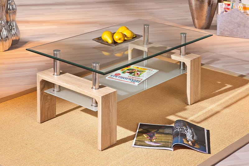 Soffbord Gantu 100 cm med Förvaring Hylla - Glas/Vit/Natur - Soffbord med förvaring - Soffbord