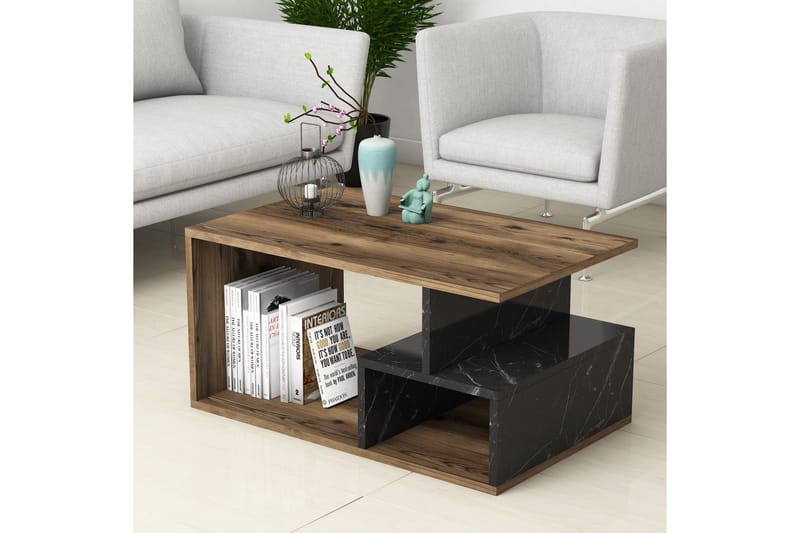 Soffbord Garavelo Soffbord 90 cm med Förvaring Hyllor Marmormönster Svart,Trä/Natur,Mörkbrun - Möbler - Bord & matgrupp - Soffbord - Soffbord med förvaring
