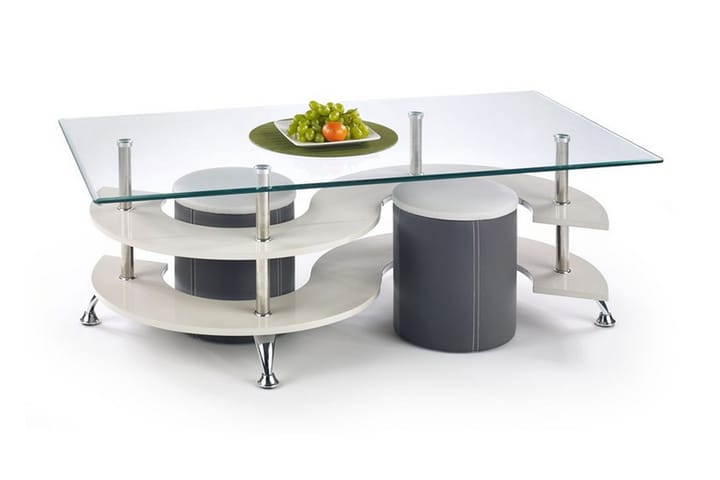 Soffbord Giardina med Pallar 130 cm med Förvaring Hylla - Glas/Grå/Vit - Soffbord