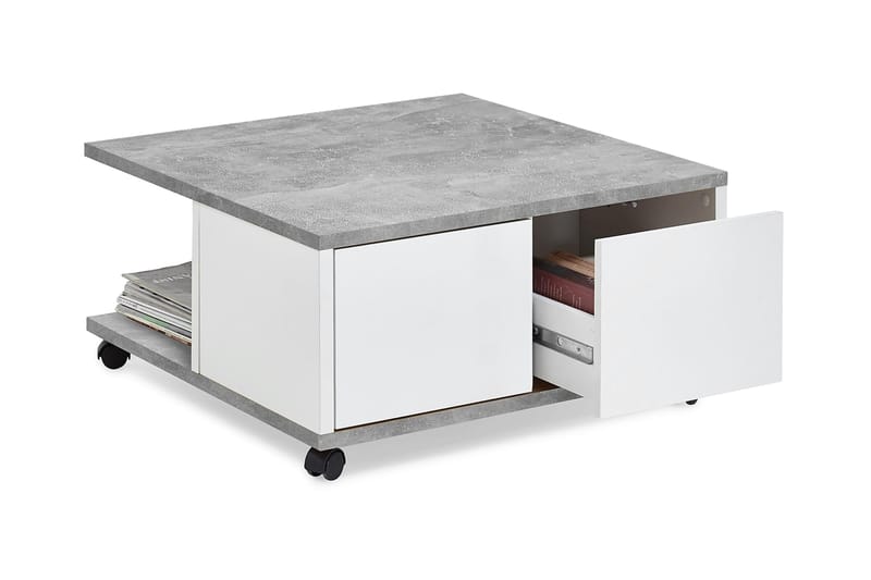 Soffbord Graciete 70 cm med Förvaring Lådor på Hjul - Vit/Betonggrå - Soffbord
