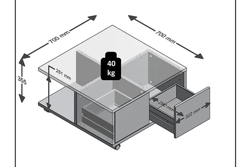 Soffbord Graciete 70 cm med Förvaring Lådor på Hjul - Vit/Betonggrå - Soffbord