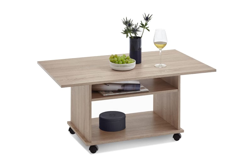 Soffbord Heidy 100 cm med Förvaring Hylla på Hjul - Ljus Ekfärg/Grå - Soffbord