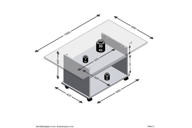 Soffbord Heidy 100 cm med Förvaring Hylla på Hjul - Vit/Betonggrå - Möbler - Bord & matgrupp - Soffbord