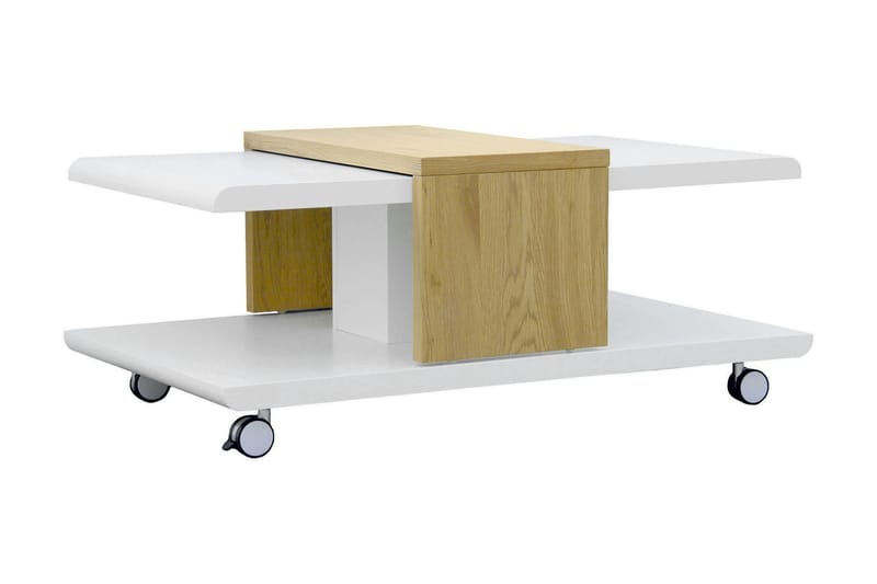 Soffbord Joliet 110 cm med Förvaring Hyllor på Hjul - Vit/Trä - Soffbord
