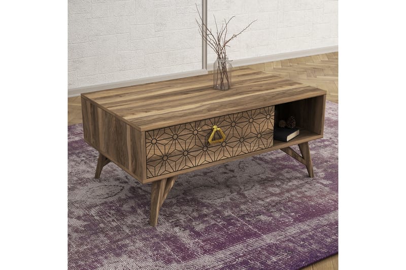 Soffbord Jospeh 90 cm med Förvaring Låda + Hylla Dekorerad - Valnötsbrun - Soffbord