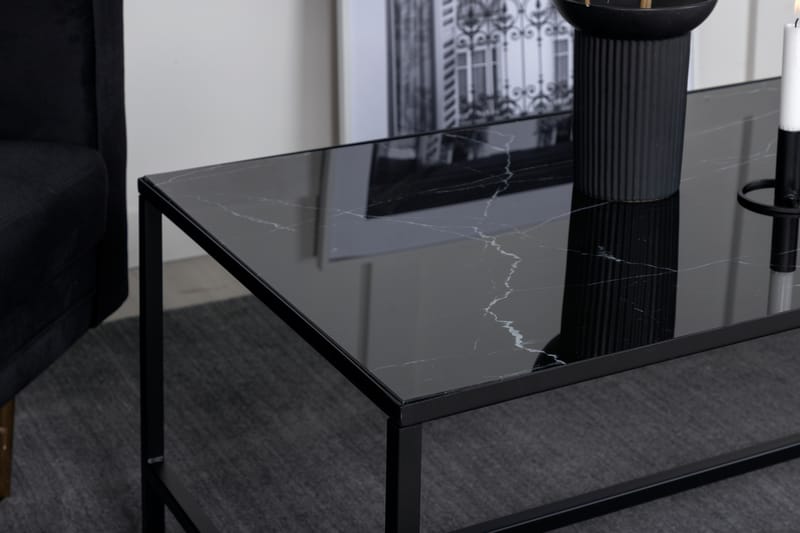 Soffbord Kenton 130 cm Marmormönster - Glas/Svart/Mässing - Marmorbord - Soffbord