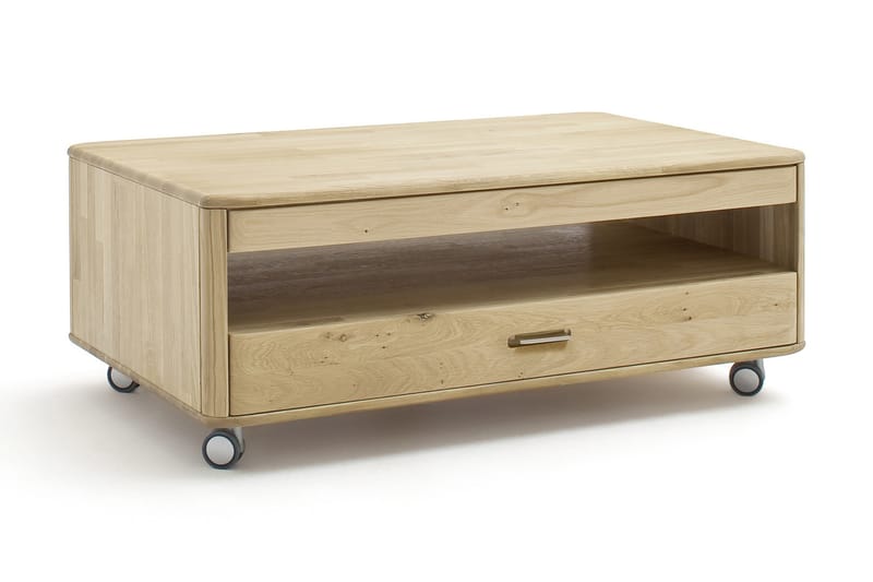 Soffbord Kraig 115 cm med Förvaring Hylla + Låda på Hjul - Ek - Soffbord