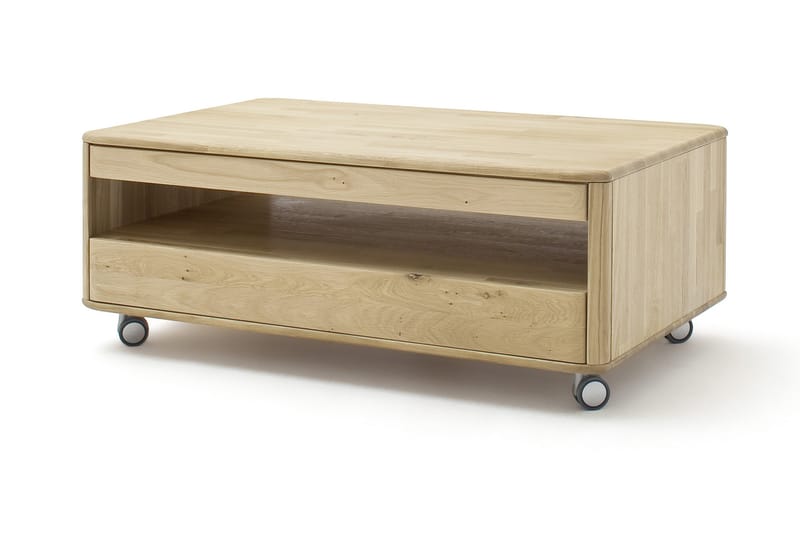 Soffbord Kraig 115 cm med Förvaring Hylla + Låda på Hjul - Ek - Soffbord