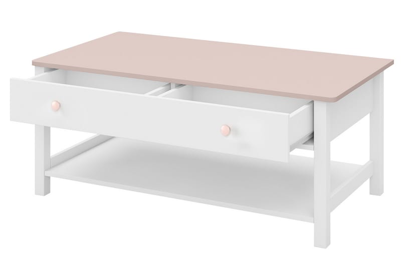 Soffbord Laber 110 cm med Förvaring Lådor + Hylla - Vit/Rosa - Soffbord