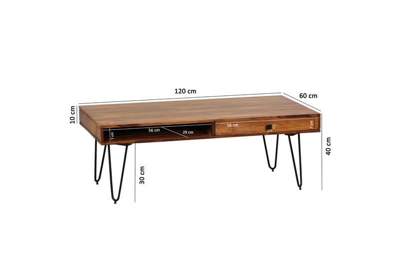 Soffbord Lochside 117 cm med Förvaring 2 Lådor + Hyllor - Massivt Trä - Soffbord