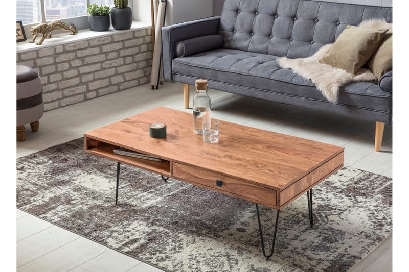 Soffbord Lochside 60 cm med Förvaring 2 Lådor + Hyllor - Akacia/Svart - Möbler - Bord & matgrupp - Soffbord