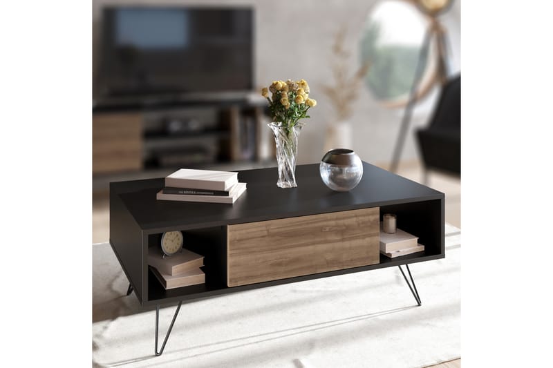 Soffbord Misticon 120 cm med Förvaring Hylla+Lucka - Svart/Valnötsbrun - Möbler - Bord & matgrupp - Soffbord