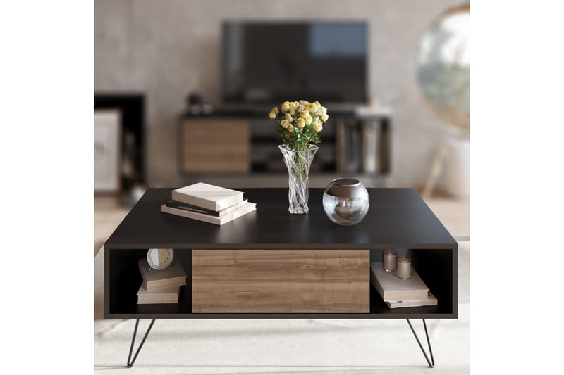 Soffbord Misticon 120 cm med Förvaring Hylla+Lucka - Svart/Valnötsbrun - Möbler - Bord & matgrupp - Soffbord