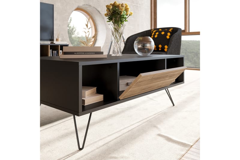 Soffbord Misticon 120 cm med Förvaring Hylla+Lucka - Svart/Valnötsbrun - Möbler - Bord & matgrupp - Soffbord